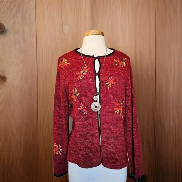 Vintage Sigrid Olsen Red Embroidered Cardigan Sweater – Size L - Picture 2 of 12